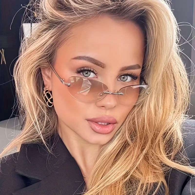 Men'S Fashion Rimless Glasses - نظارات شمسية بيضاوية بدون إطار للنساء،