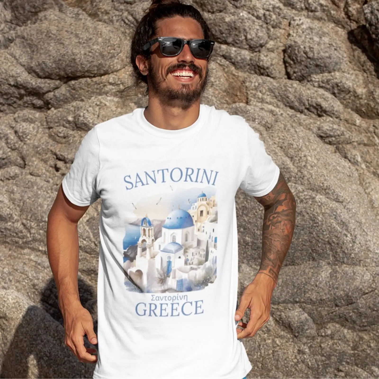 Men'S Fashion Greece - تي شيرت سانتوريني اليونان بتصميم المناظر