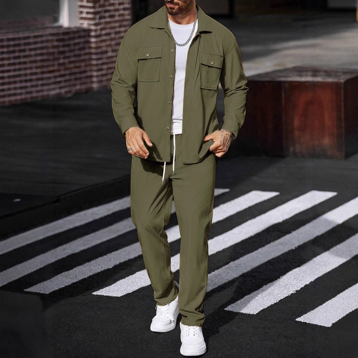طقم رياضي كاجوال من قطعتين للر - مراجعة Knitted Cardigan Men وسعره